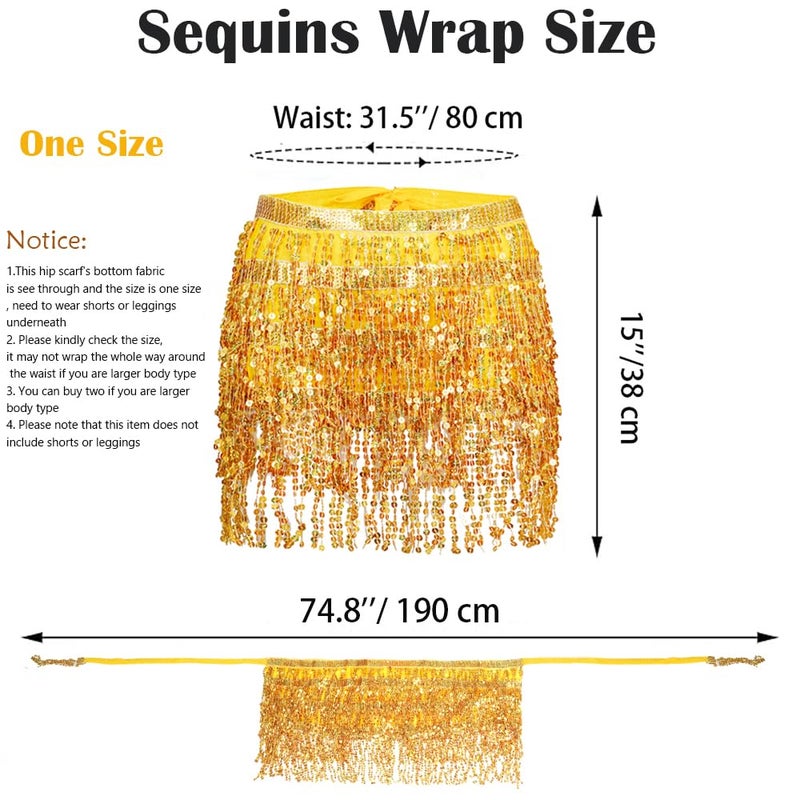 Fenyong Women's Sequin Tassel Skirts Sparkly Rave Fringe Hip Scarf for Festival Costume(Gold) - Image 2